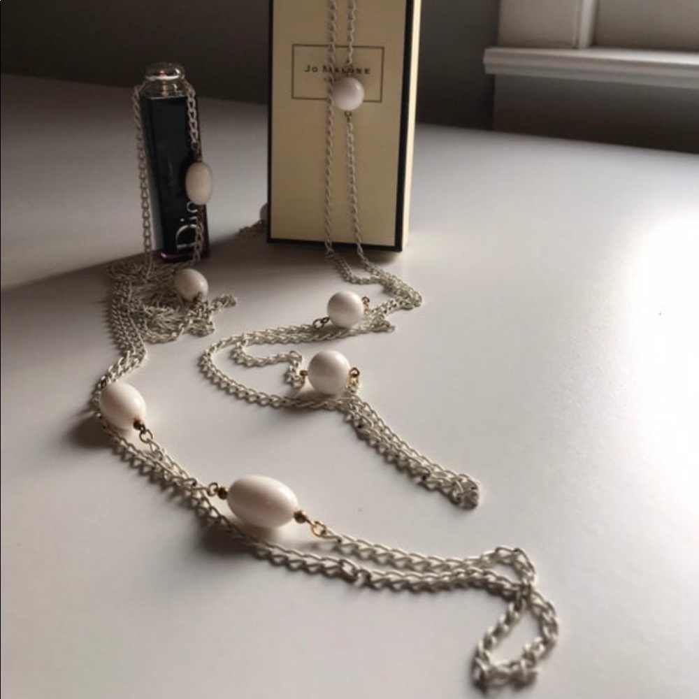 Pair 70s bead and metal white necklaces